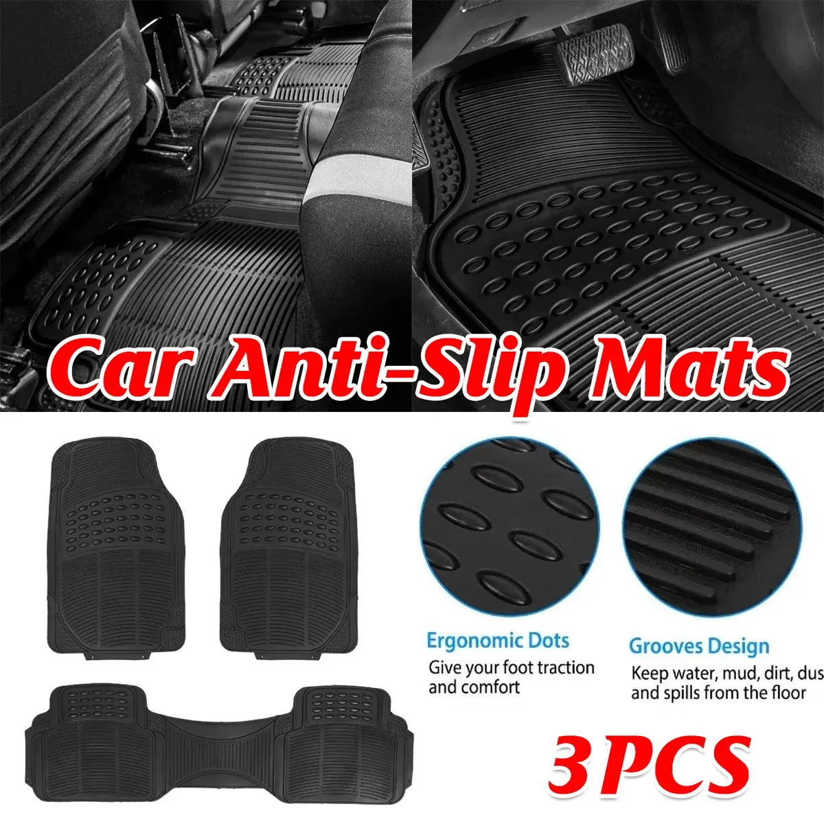 PVC Waterproof Non-Slip Universal Mat Set 3 Pieces Durable Easy Clean for Car